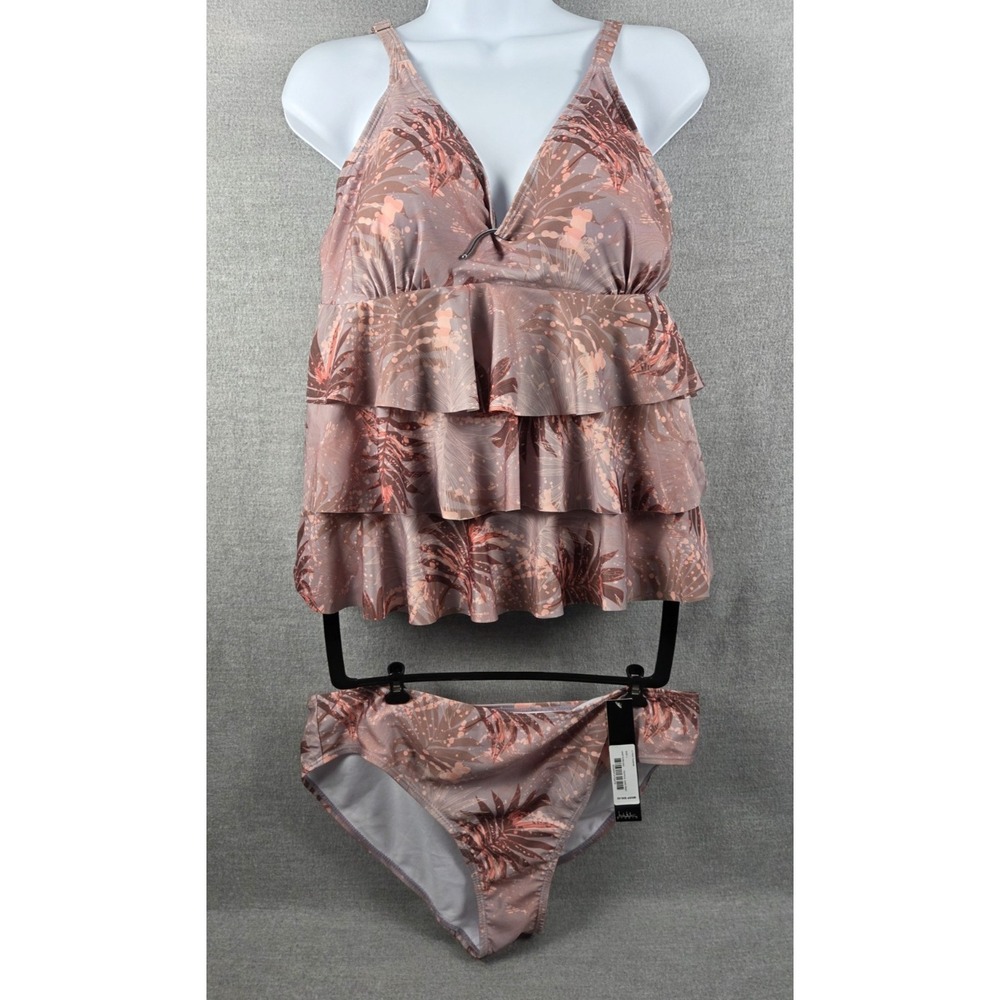Nicole Miller Studio 3‎ Tier Tankini Swimsuit L Tropical Sand Print Ruffled NEW